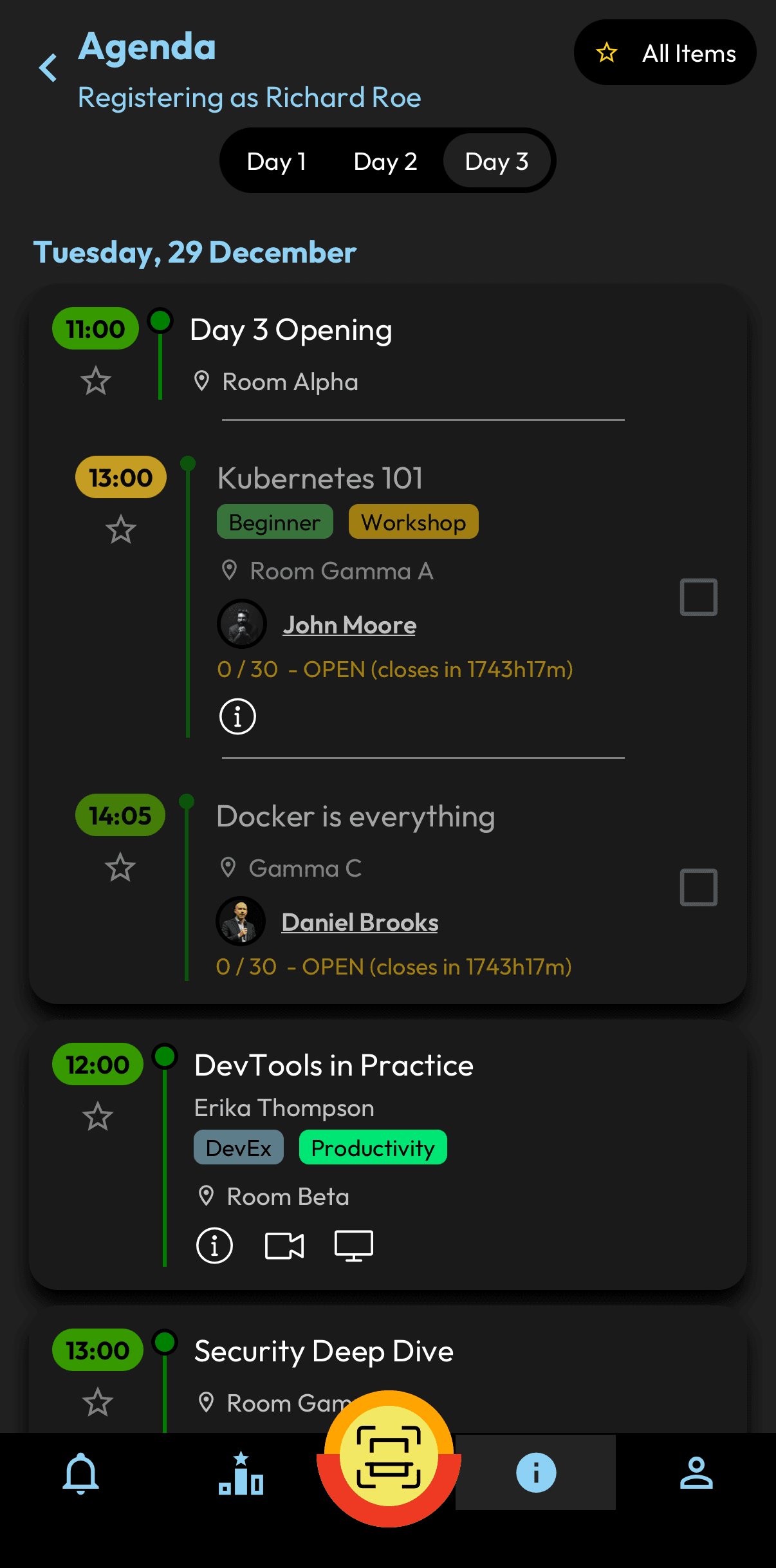 Agenda with sessions, rooms, speakers and session registration