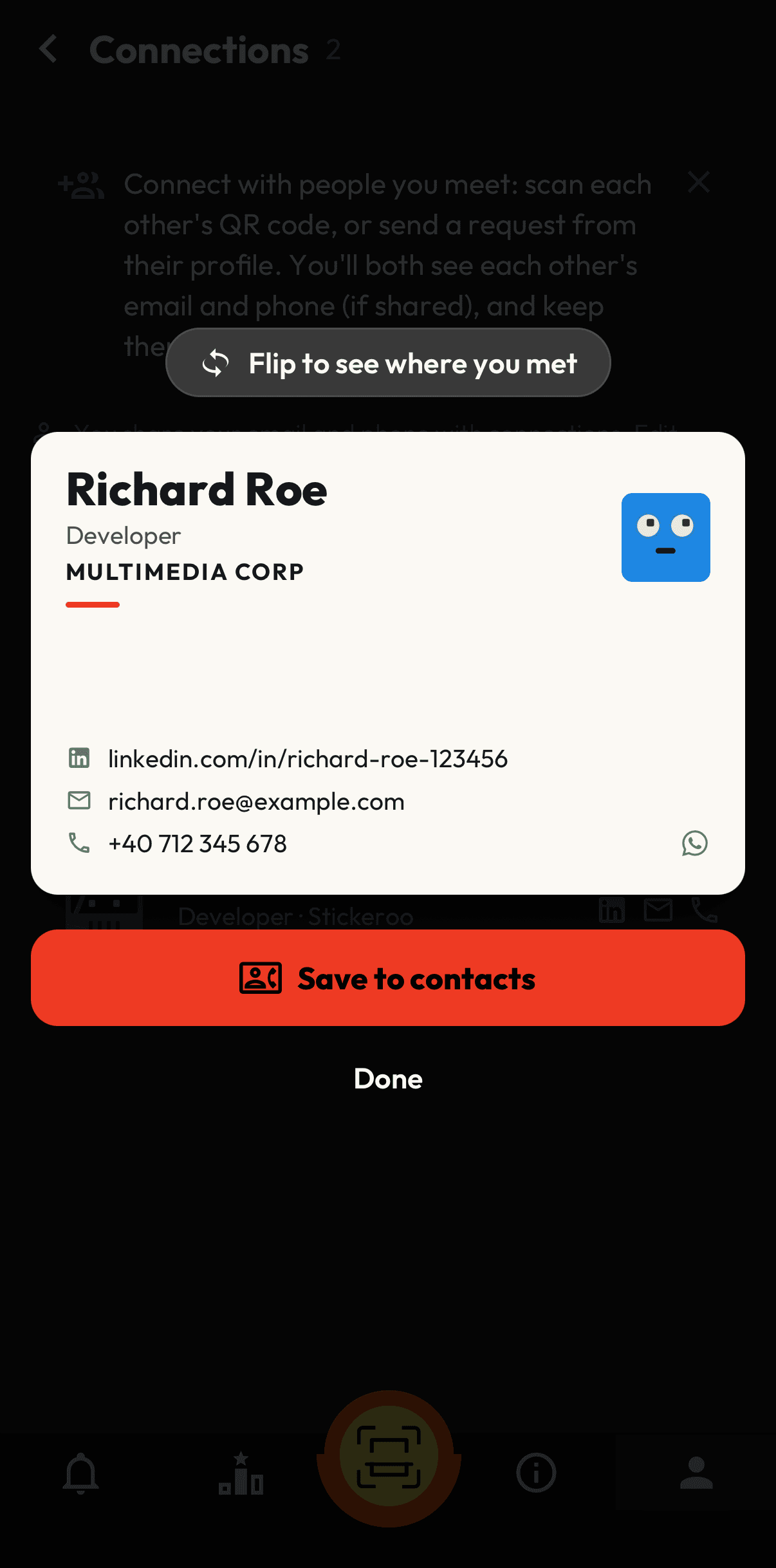 A contact card in Connections, ready to save to contacts