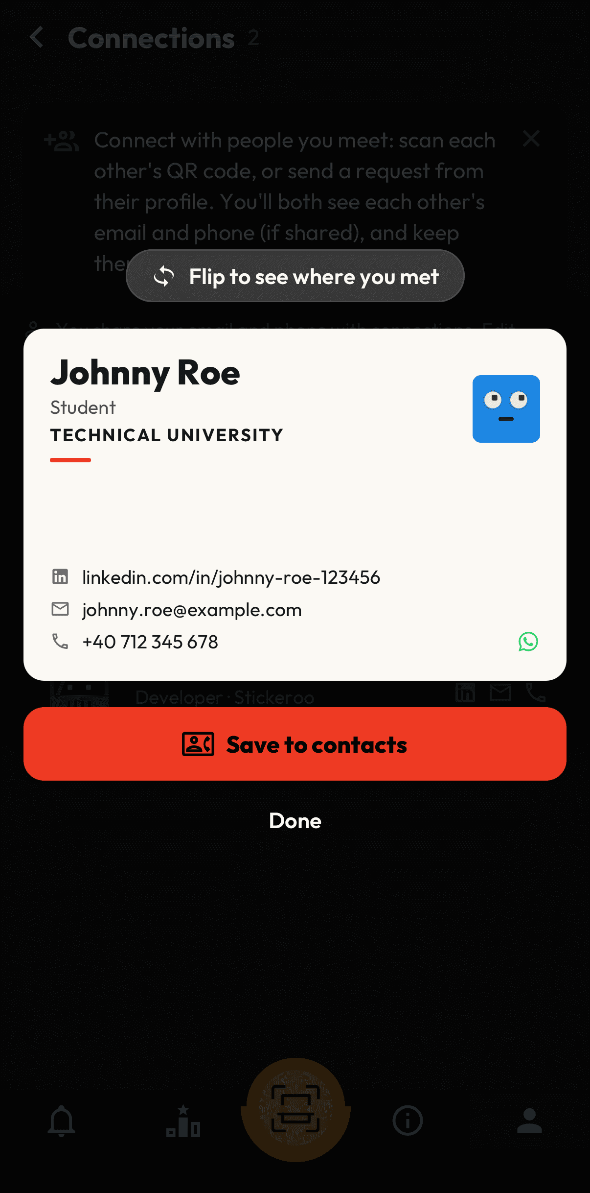 A student's contact card in Connections, ready to save to contacts