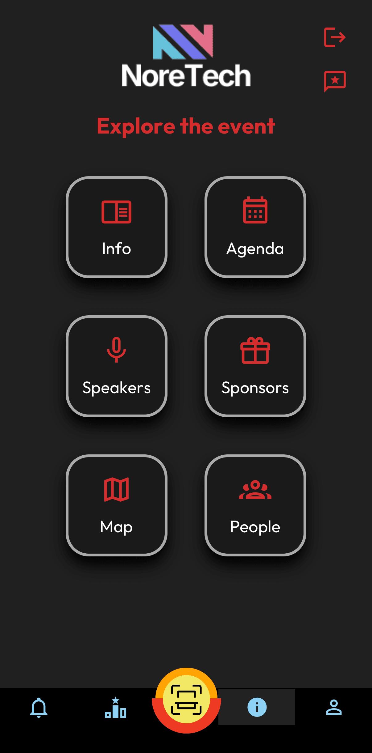 The event home screen with info, agenda, speakers, sponsors, map and people