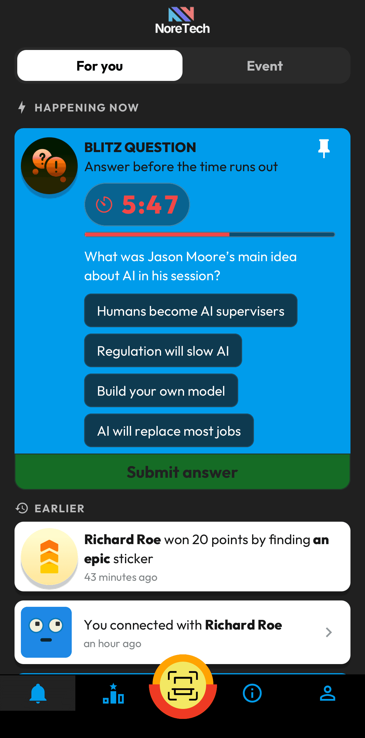 Inbox with a live blitz question and recent activity